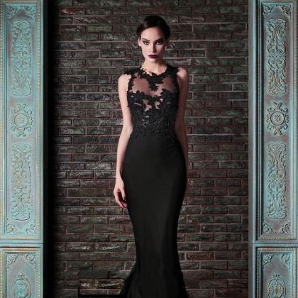 Trailing Black Prom Gowns Lace Crochet Sexy..