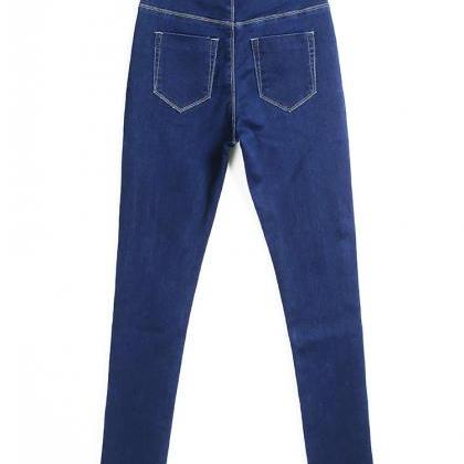 Dark Blue Skinny Denim Jeans With Distressed..