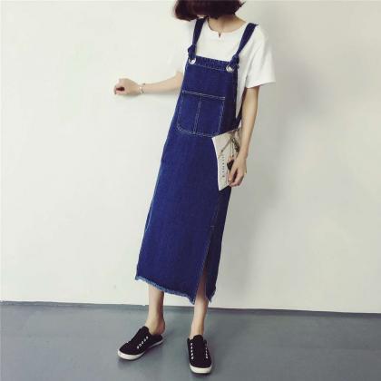 suspender split denim dress e289