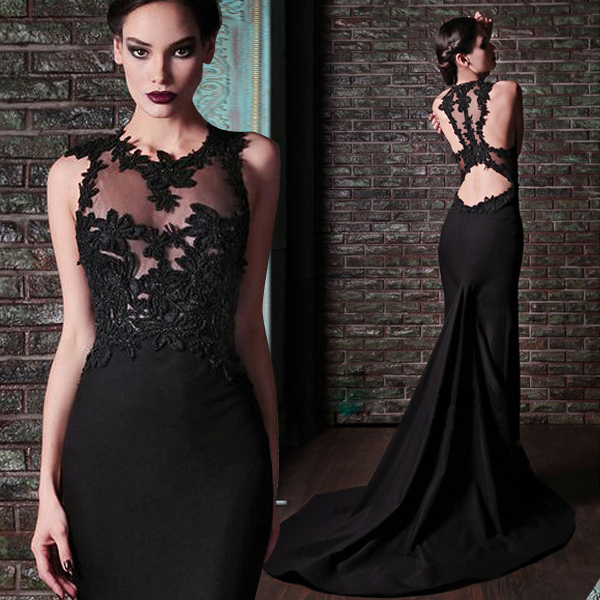 Trailing Black Prom Gowns Lace Crochet Sexy Evening Dress Homecoming Dress Event Party Wear Miss Evening E020