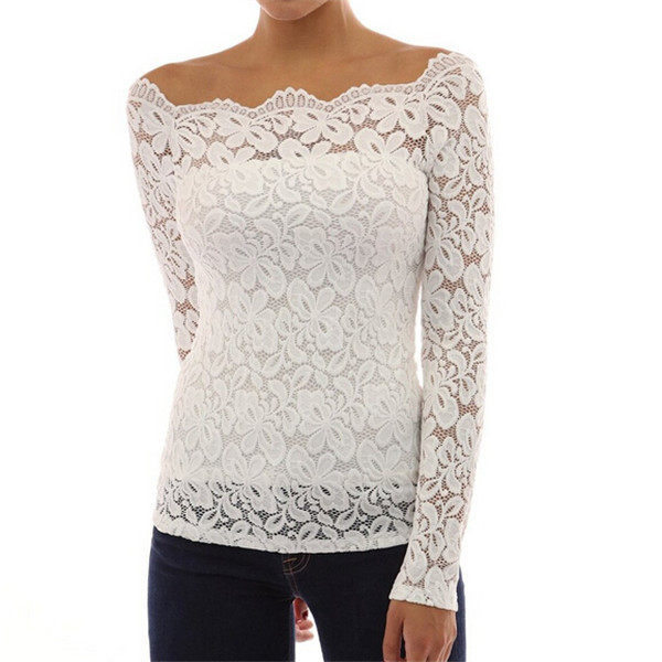 Lace Blouse Women's Fashion Long Sleeve Top Off The Shouder Tops E081-1 ...