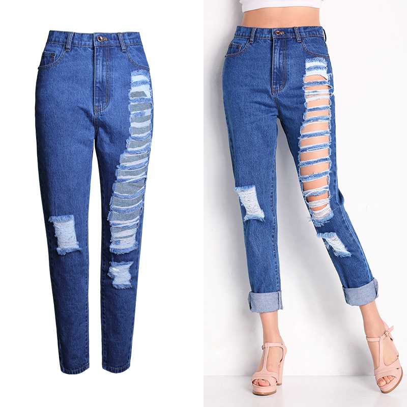 Blue Denim Pants Long Jeans Big Hole Punk Trousers For Women E134-1