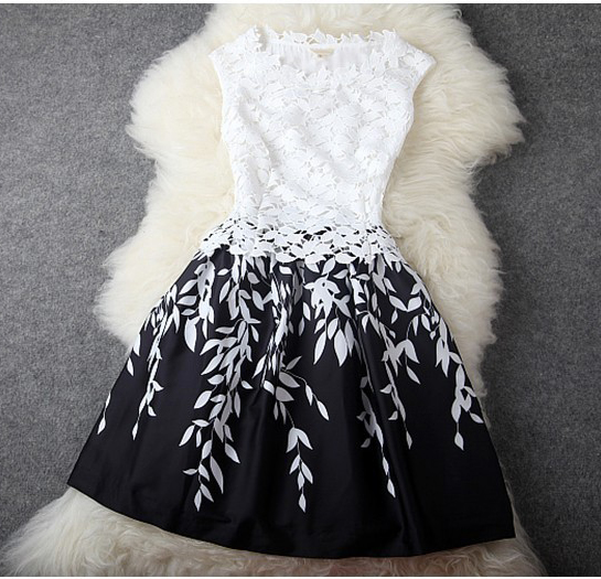 Trend Women White And Black Leaf Lace Dress on Luulla