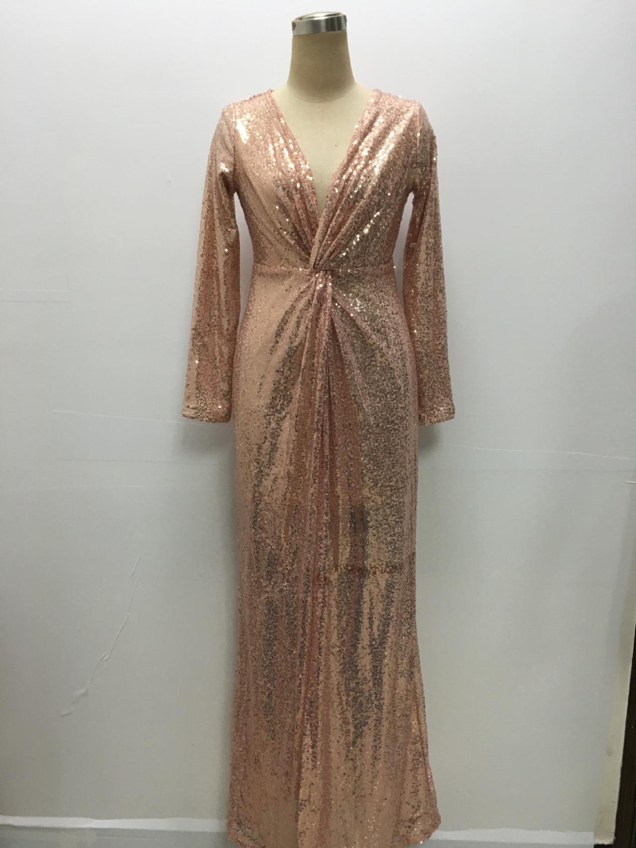 Rose Gold Knot Split Formal Evening Gowns Designer Long Sleeve Sequin