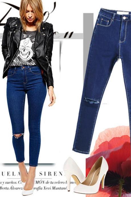 Dark Blue Skinny Denim Jeans with Distressed Detailing 