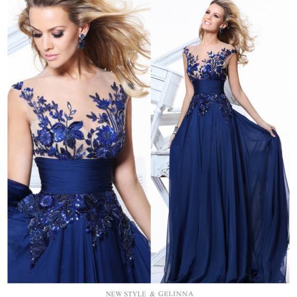 Blue Embroidery Lace Evening Dress Open Back Sexy Long Prom Gown Formal ...