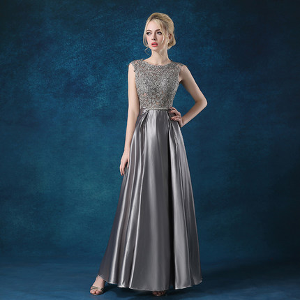 grey satin evening gown